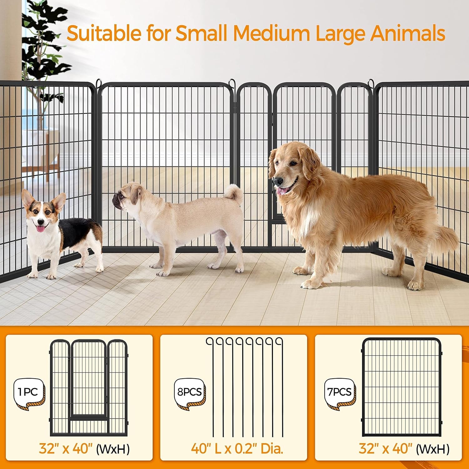 Wide Panel Dog Playpen, 8 Panels 40 Inch High Pet Pen with Gate, Portable Indoor Outdoor Fence for Medium/Large Breed Dogs