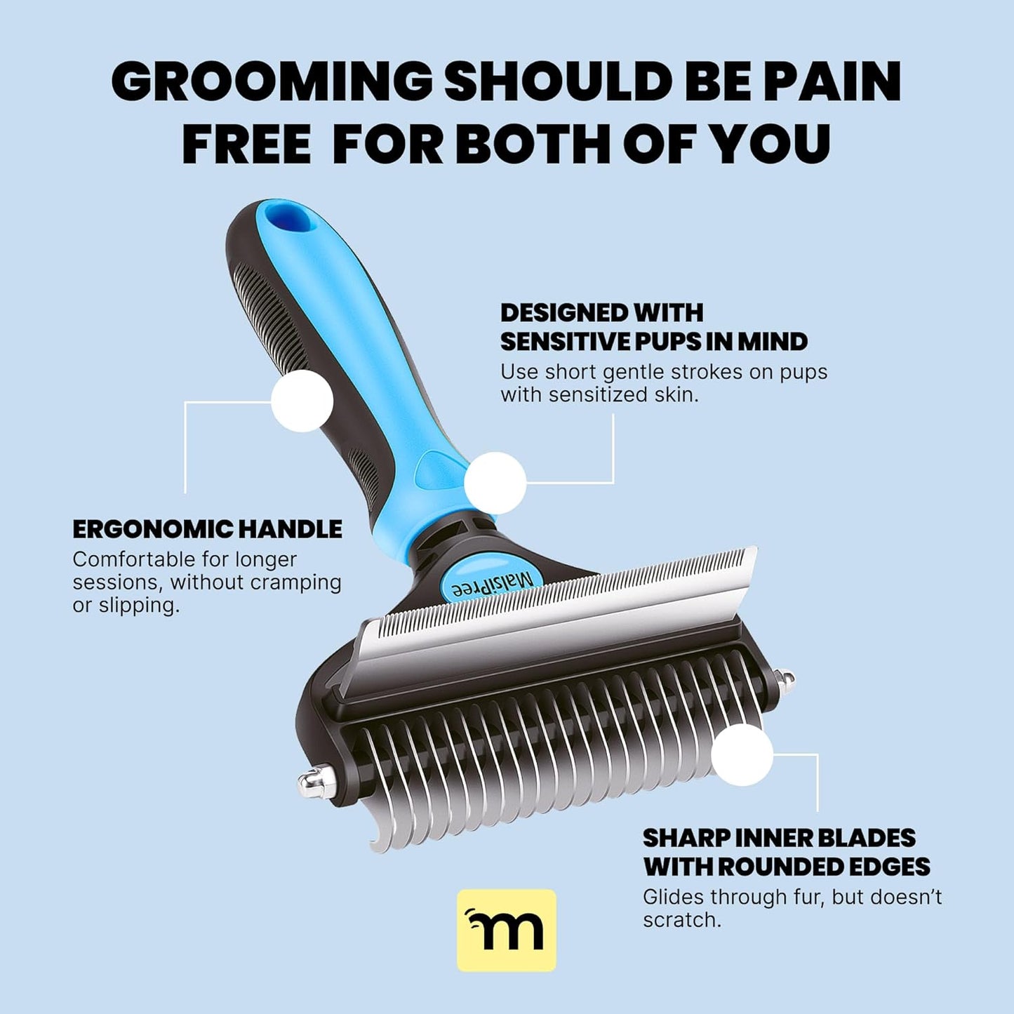 Large 2-in-1 Dog Grooming Brush for Shedding - Blue Deshedding Tool with Undercoat Rake and Dematting Comb for Medium to Large Double Coated Breeds