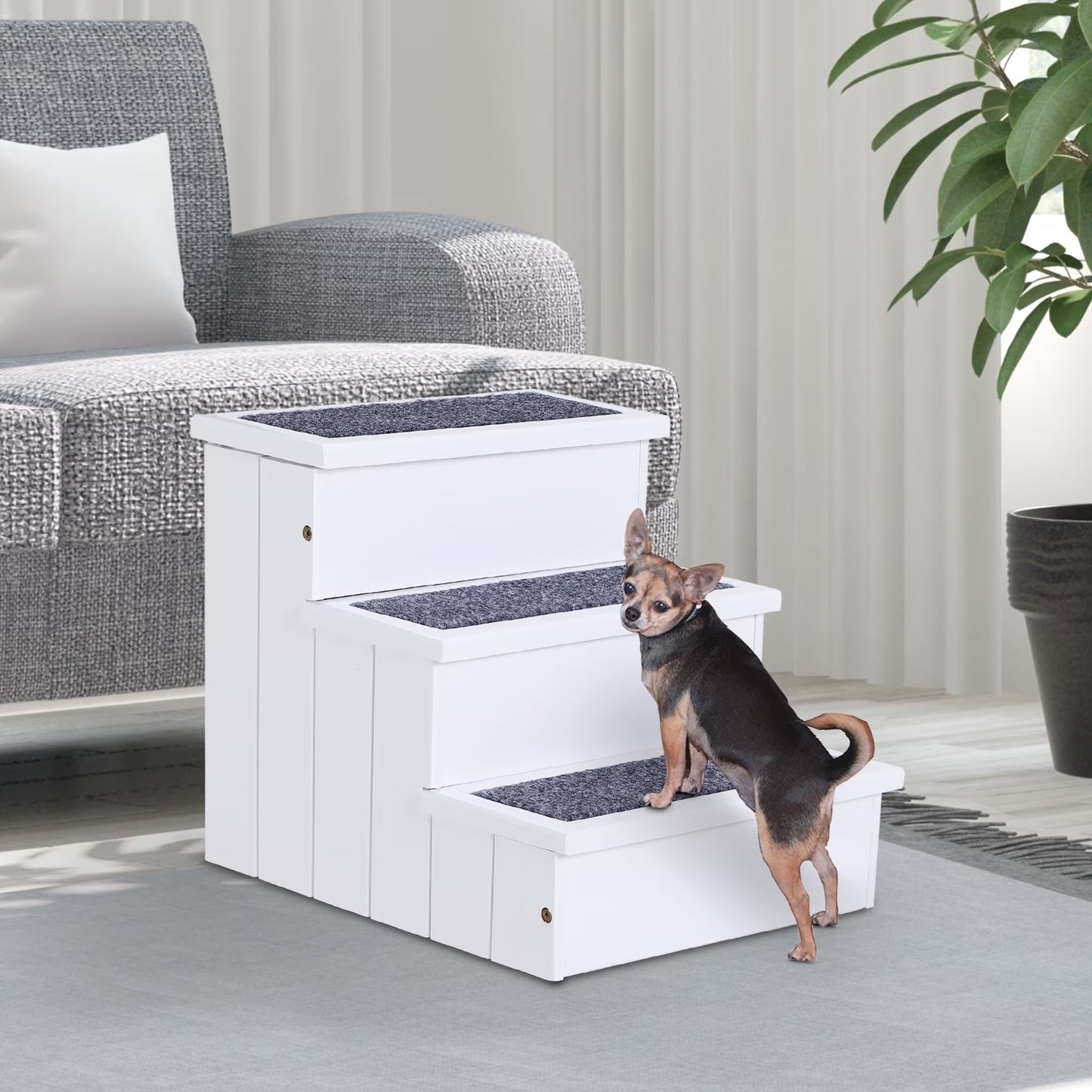 4-Step Wooden Carpeted Non-Slip Pet Stairs Ramp for Cats and Small Dogs - White
