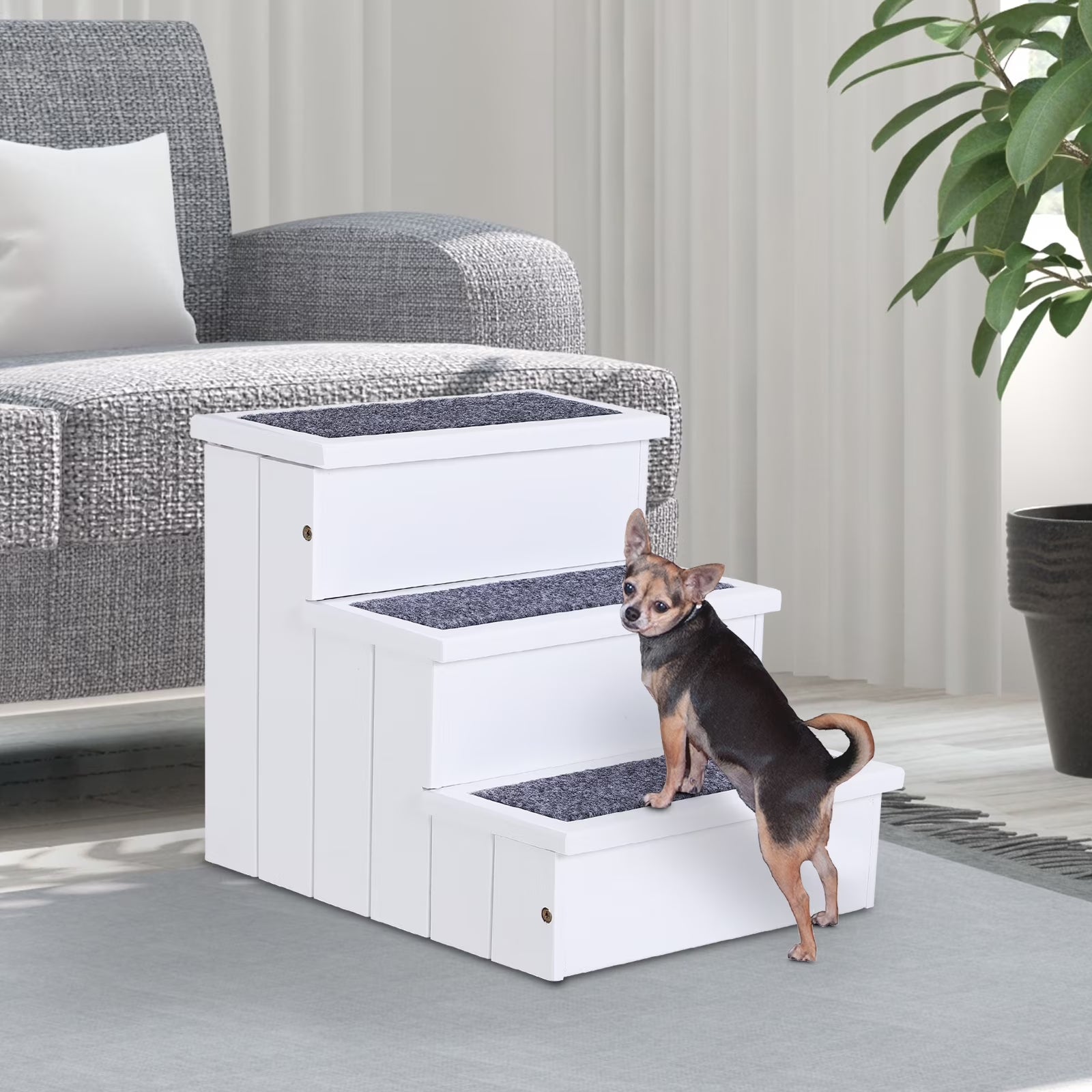 4-Step Wooden Carpeted Non-Slip Pet Stairs Ramp for Cats and Small Dogs - White